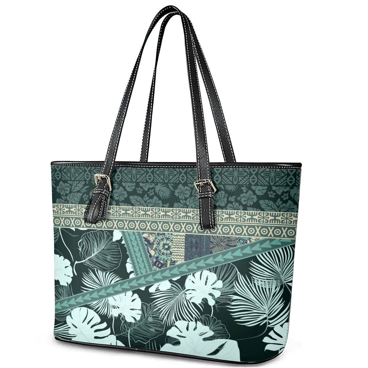 Hawaii Plant Kalo Leather Tote Bag Hawaiian Tapa Pattern LT05 - Polynesian Pride