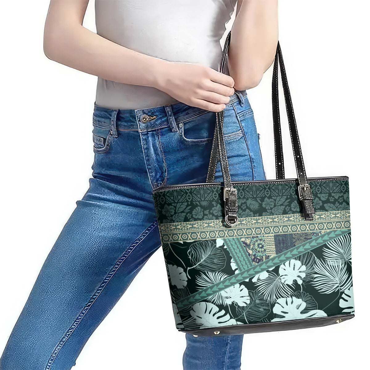 Hawaii Plant Kalo Leather Tote Bag Hawaiian Tapa Pattern LT05 - Polynesian Pride
