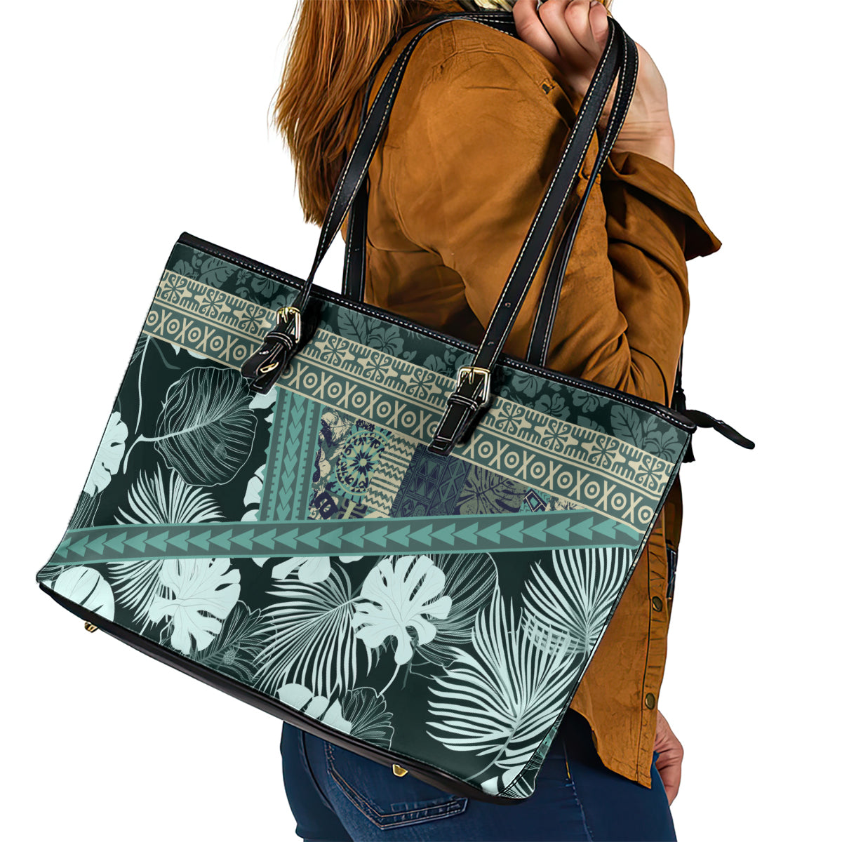 Hawaii Plant Kalo Leather Tote Bag Hawaiian Tapa Pattern LT05 - Polynesian Pride