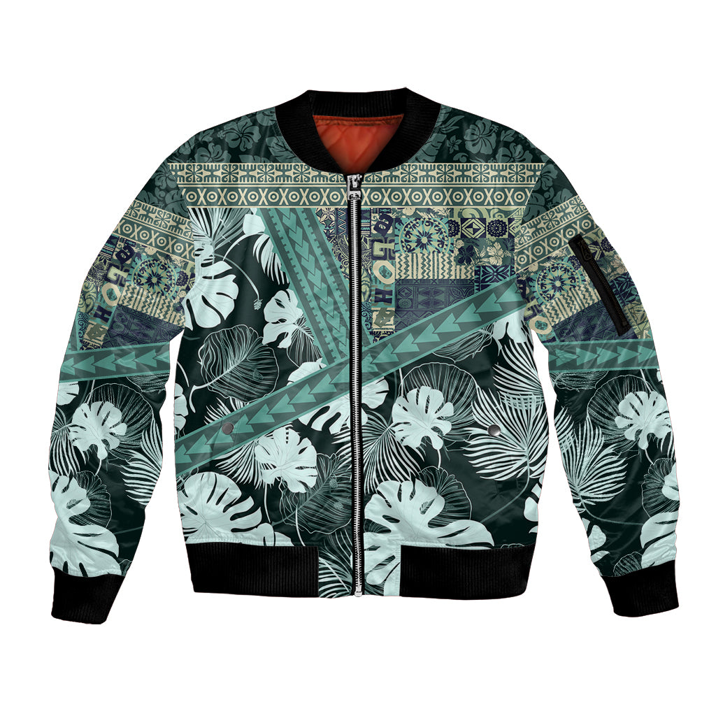 Hawaii Plant Kalo Sleeve Zip Bomber Jacket Hawaiian Tapa Pattern LT05 Unisex Green - Polynesian Pride