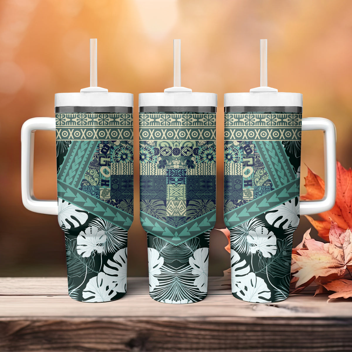 Hawaii Plant Kalo Tumbler With Handle Hawaiian Tapa Pattern