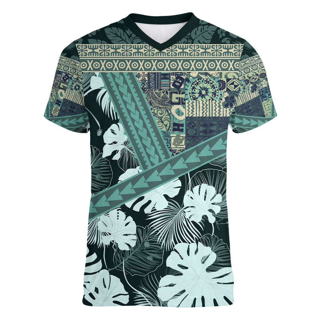 Hawaii Plant Kalo Women V Neck T Shirt Hawaiian Tapa Pattern LT05 Female Green - Polynesian Pride