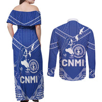Northern Mariana Islands Couples Matching Off Shoulder Maxi Dress and Long Sleeve Button Shirt Chamorro Warrior Tribal Pattern