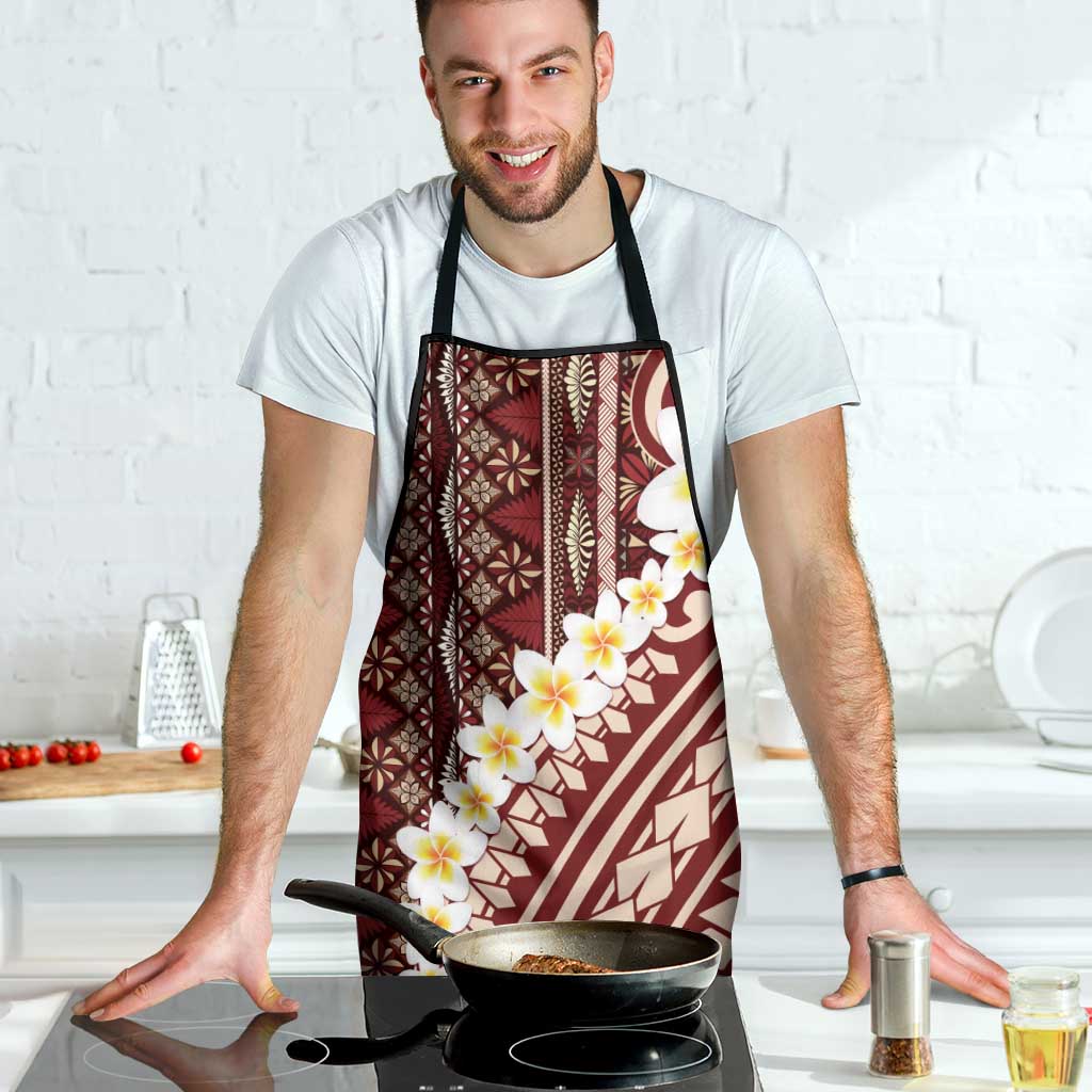 Red Vintage Tonga Ngatu Pattern With Plumeria Apron LT05 - Polynesian Pride