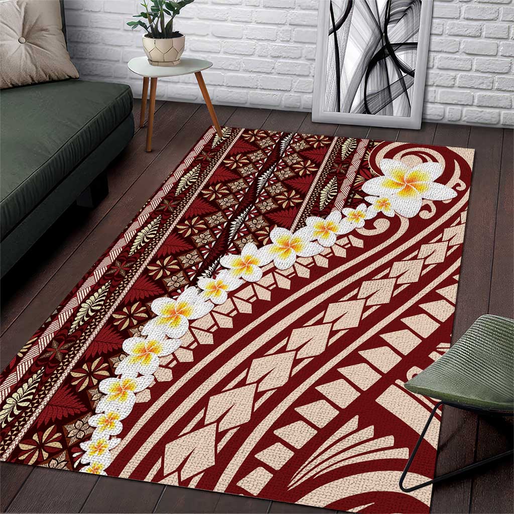 Red Vintage Tonga Ngatu Pattern With Plumeria Area Rug LT05 Red - Polynesian Pride