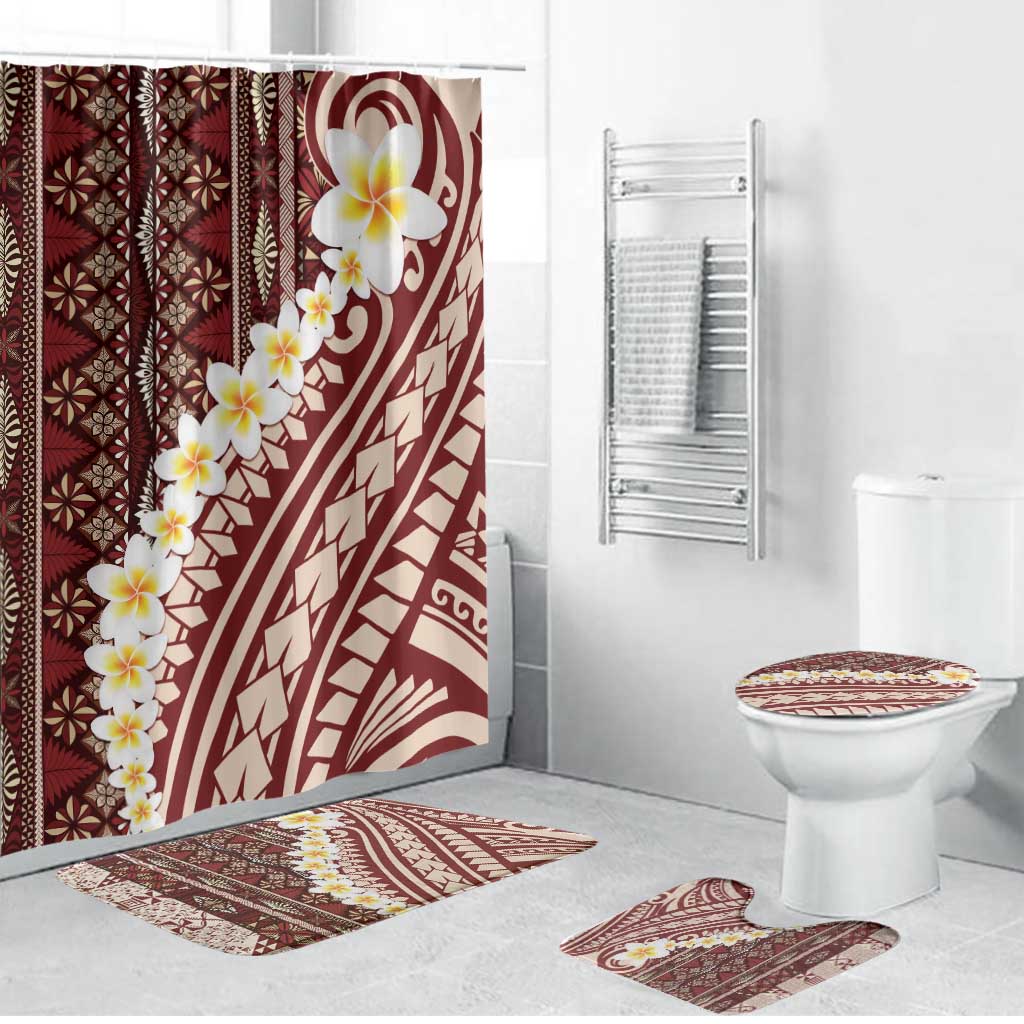 Red Vintage Tonga Ngatu Pattern With Plumeria Bathroom Set LT05 Bathroom Set (4 pcs) Red - Polynesian Pride