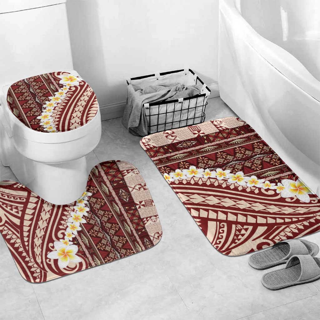 Red Vintage Tonga Ngatu Pattern With Plumeria Bathroom Set LT05 Mat Set Only (3 pcs) One Size Red - Polynesian Pride