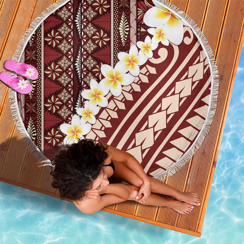 Red Vintage Tonga Ngatu Pattern With Plumeria Beach Blanket LT05 - Polynesian Pride