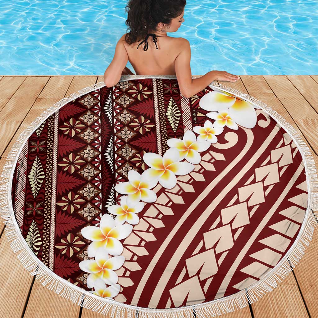 Red Vintage Tonga Ngatu Pattern With Plumeria Beach Blanket LT05 - Polynesian Pride