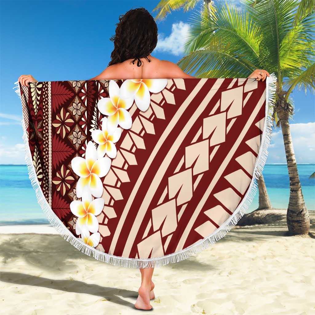 Red Vintage Tonga Ngatu Pattern With Plumeria Beach Blanket LT05 - Polynesian Pride