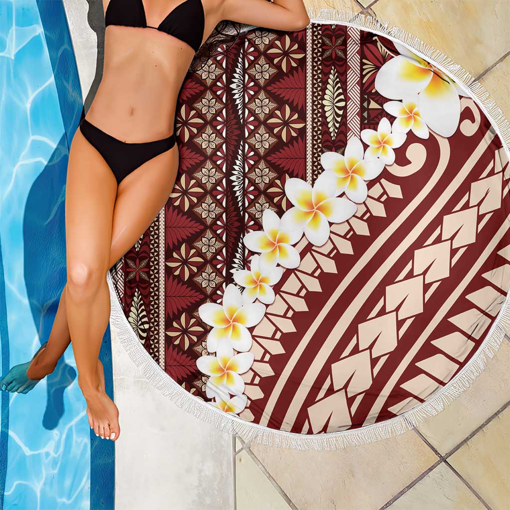 Red Vintage Tonga Ngatu Pattern With Plumeria Beach Blanket LT05 - Polynesian Pride