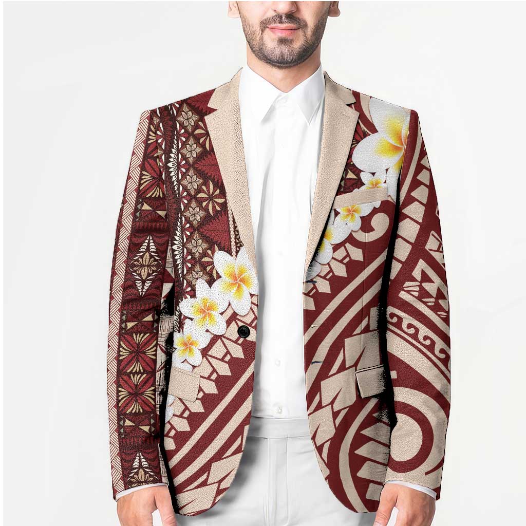 Red Vintage Tonga Ngatu Pattern With Plumeria Blazer LT05 - Polynesian Pride
