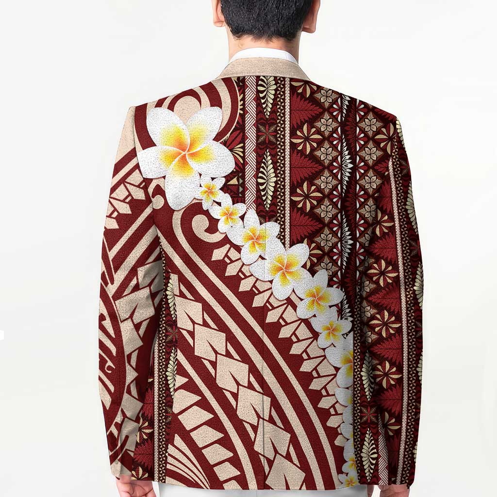 Red Vintage Tonga Ngatu Pattern With Plumeria Blazer LT05 - Polynesian Pride