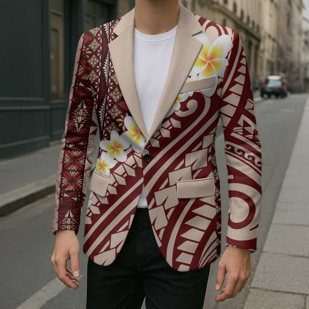 Red Vintage Tonga Ngatu Pattern With Plumeria Blazer LT05 - Polynesian Pride