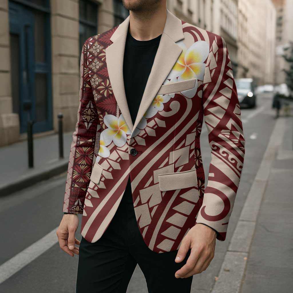 Red Vintage Tonga Ngatu Pattern With Plumeria Blazer LT05 - Polynesian Pride