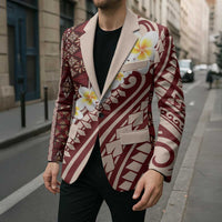 Red Vintage Tonga Ngatu Pattern With Plumeria Blazer LT05 - Polynesian Pride