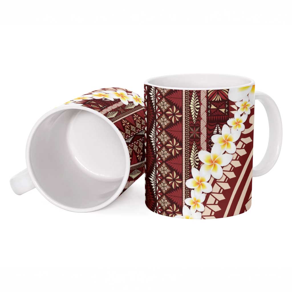 Red Vintage Tonga Ngatu Pattern With Plumeria Ceramic Mug LT05 - Polynesian Pride