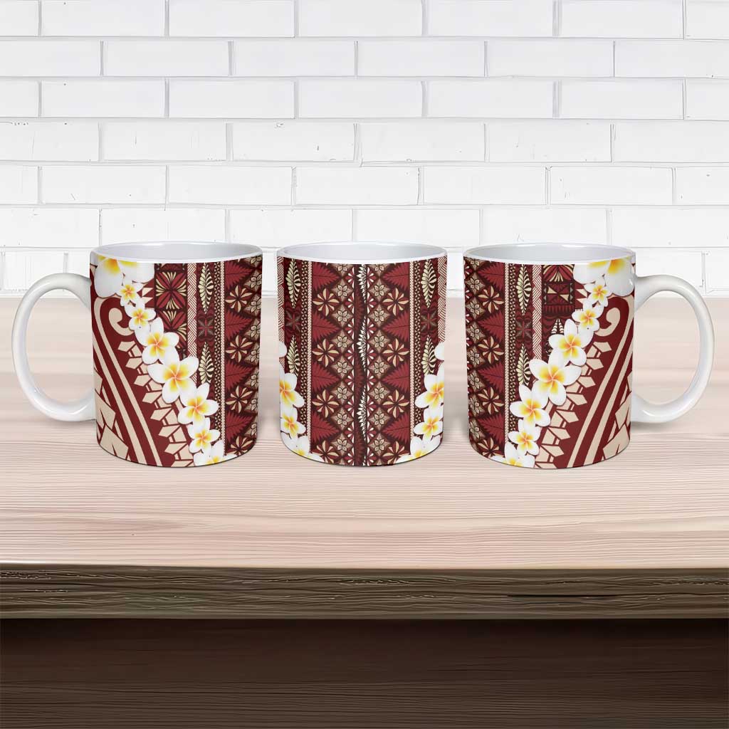 Red Vintage Tonga Ngatu Pattern With Plumeria Ceramic Mug LT05 - Polynesian Pride