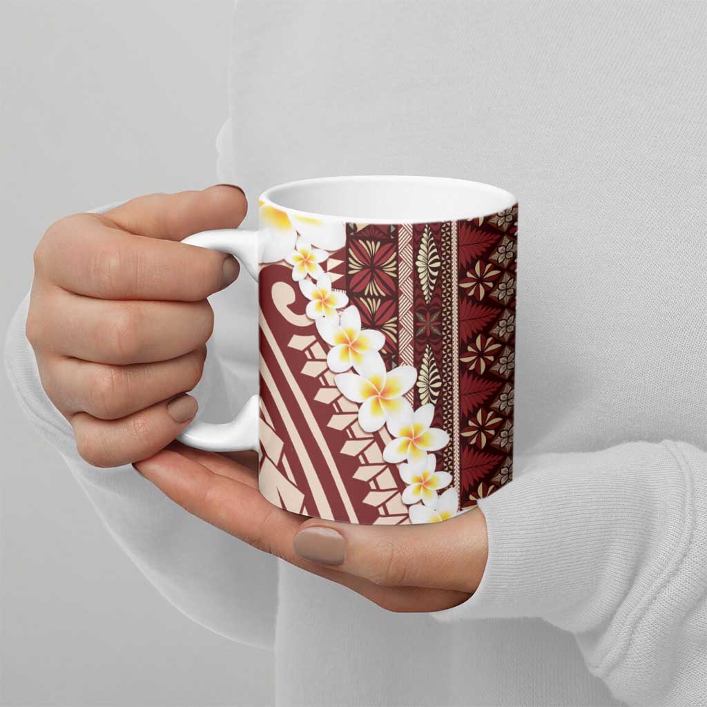 Red Vintage Tonga Ngatu Pattern With Plumeria Ceramic Mug LT05 - Polynesian Pride
