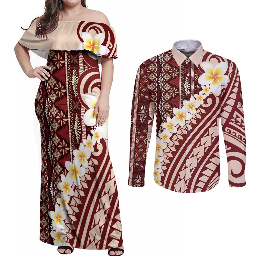 Red Vintage Tonga Ngatu Pattern With Plumeria Couples Matching Off Shoulder Maxi Dress and Long Sleeve Button Shirt LT05 Red - Polynesian Pride