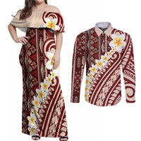Red Vintage Tonga Ngatu Pattern With Plumeria Couples Matching Off Shoulder Maxi Dress and Long Sleeve Button Shirt LT05 Red - Polynesian Pride