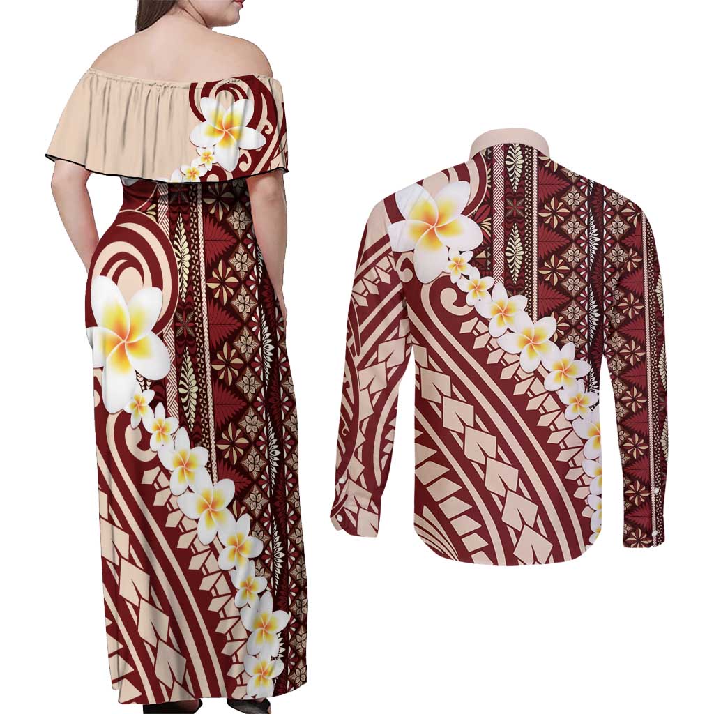 Red Vintage Tonga Ngatu Pattern With Plumeria Couples Matching Off Shoulder Maxi Dress and Long Sleeve Button Shirt LT05 - Polynesian Pride
