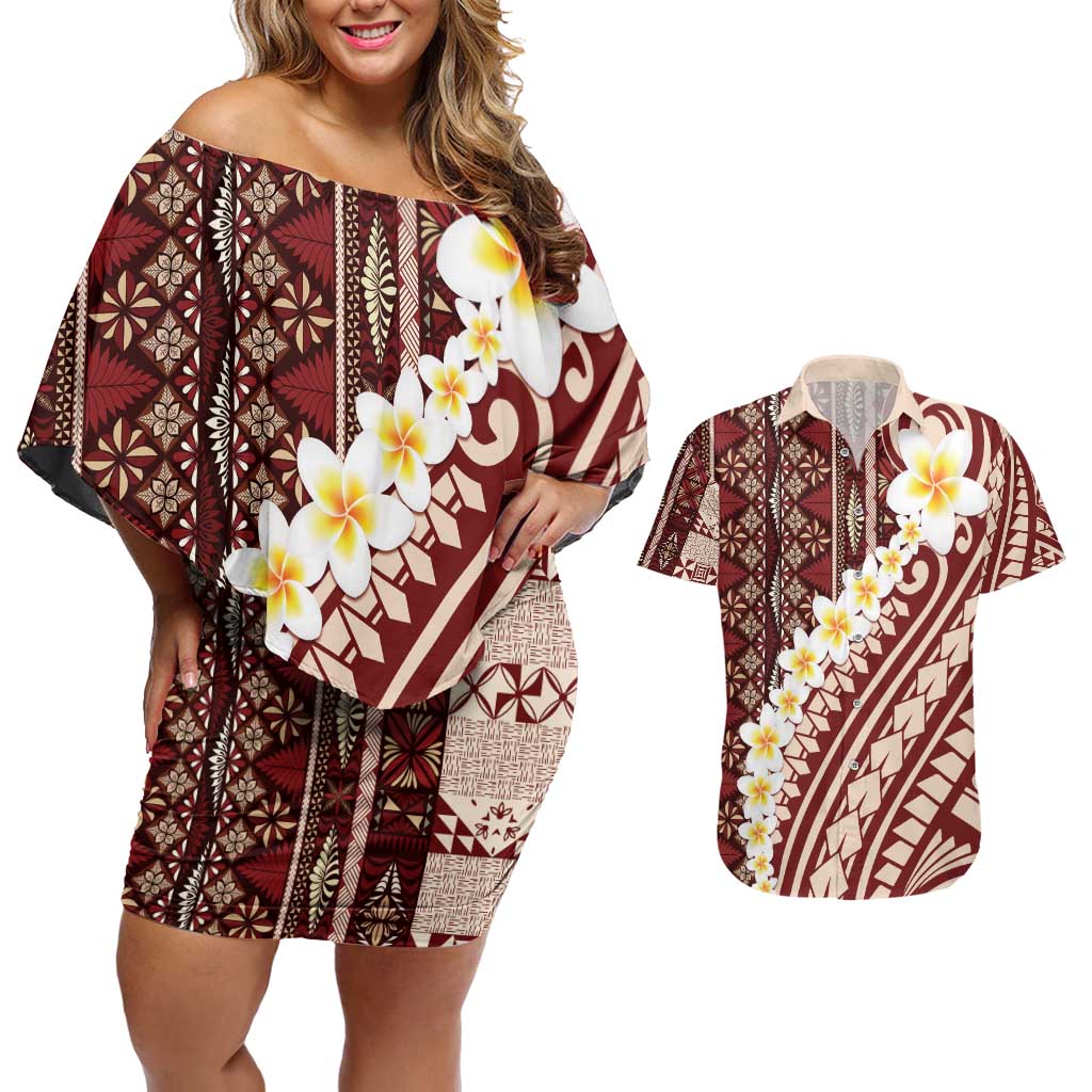 Red Vintage Tonga Ngatu Pattern With Plumeria Couples Matching Off Shoulder Short Dress and Hawaiian Shirt LT05 Red - Polynesian Pride