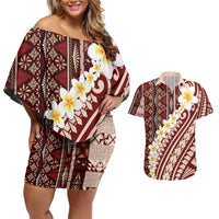 Red Vintage Tonga Ngatu Pattern With Plumeria Couples Matching Off Shoulder Short Dress and Hawaiian Shirt LT05 Red - Polynesian Pride