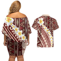 Red Vintage Tonga Ngatu Pattern With Plumeria Couples Matching Off Shoulder Short Dress and Hawaiian Shirt LT05 - Polynesian Pride