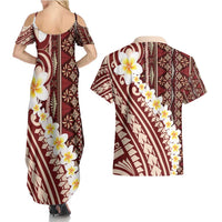 Red Vintage Tonga Ngatu Pattern With Plumeria Couples Matching Summer Maxi Dress and Hawaiian Shirt LT05 - Polynesian Pride