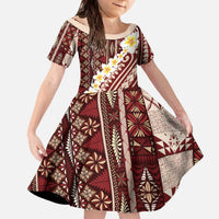Red Vintage Tonga Ngatu Pattern With Plumeria Family Matching Off The Shoulder Long Sleeve Dress and Hawaiian Shirt LT05 Daughter's Dress Red - Polynesian Pride