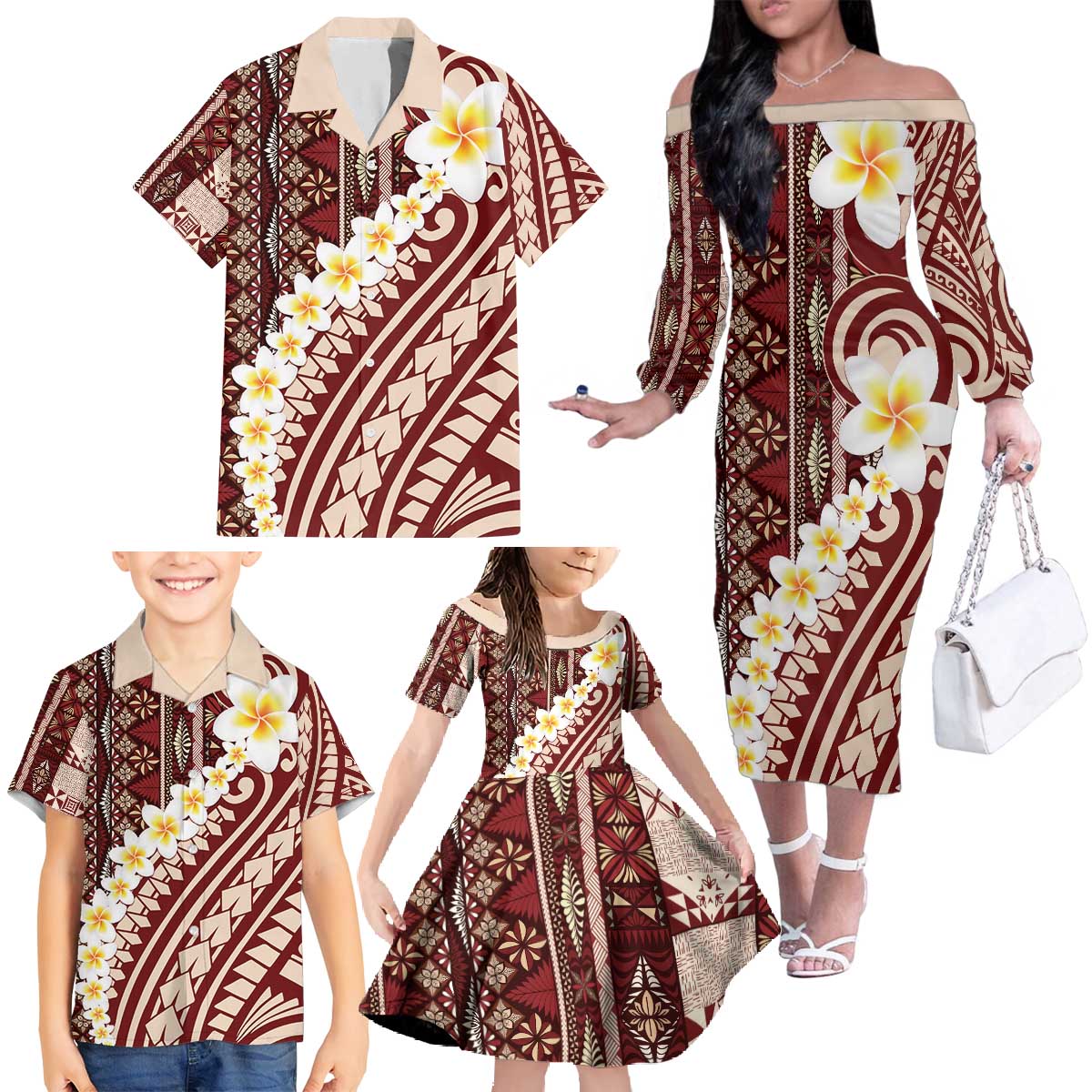 Red Vintage Tonga Ngatu Pattern With Plumeria Family Matching Off The Shoulder Long Sleeve Dress and Hawaiian Shirt LT05 - Polynesian Pride