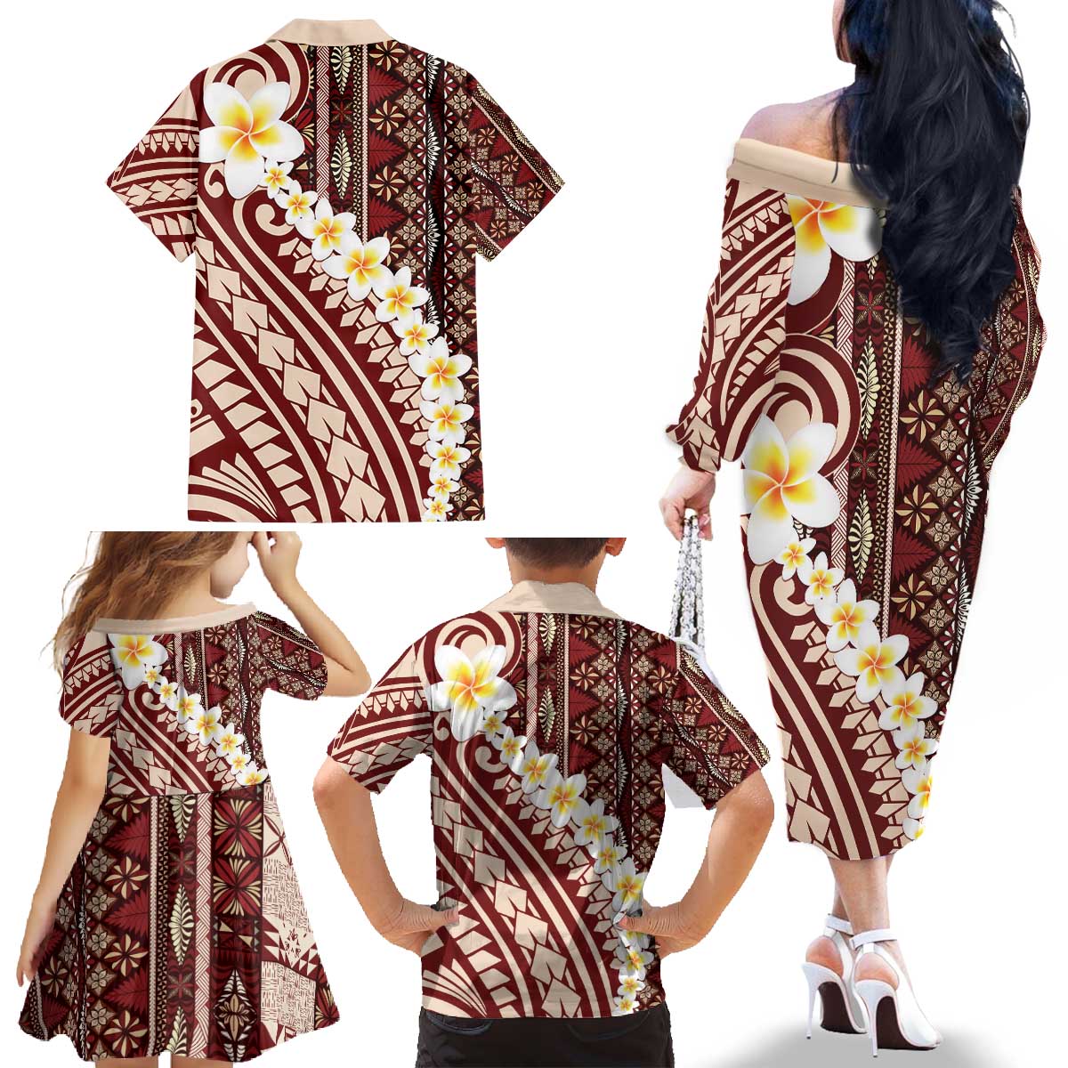 Red Vintage Tonga Ngatu Pattern With Plumeria Family Matching Off The Shoulder Long Sleeve Dress and Hawaiian Shirt LT05 - Polynesian Pride