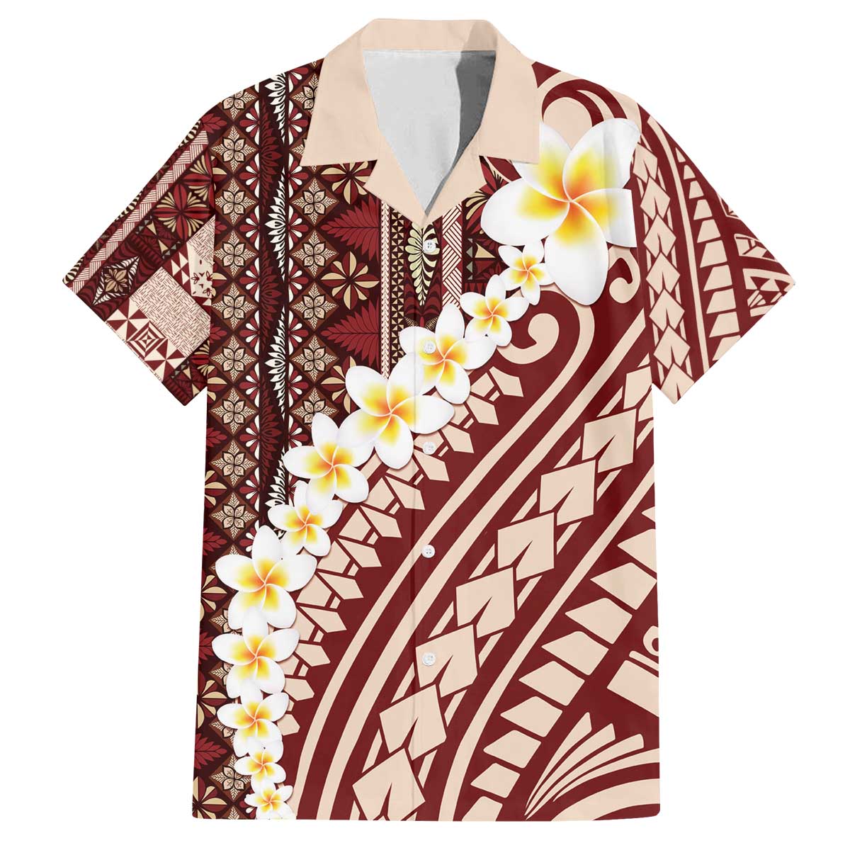 Red Vintage Tonga Ngatu Pattern With Plumeria Family Matching Off The Shoulder Long Sleeve Dress and Hawaiian Shirt LT05 Dad's Shirt - Short Sleeve Red - Polynesian Pride
