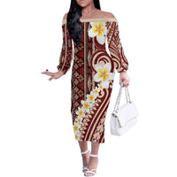 Red Vintage Tonga Ngatu Pattern With Plumeria Family Matching Off The Shoulder Long Sleeve Dress and Hawaiian Shirt LT05 Mom's Dress Red - Polynesian Pride