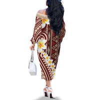 Red Vintage Tonga Ngatu Pattern With Plumeria Family Matching Off The Shoulder Long Sleeve Dress and Hawaiian Shirt LT05 - Polynesian Pride
