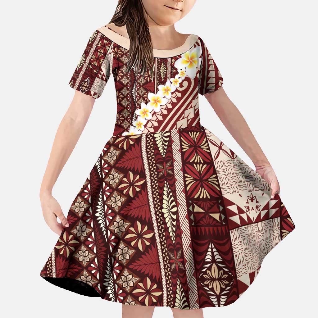 Red Vintage Tonga Ngatu Pattern With Plumeria Family Matching Summer Maxi Dress and Hawaiian Shirt LT05 Daughter's Dress Red - Polynesian Pride