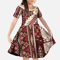 Red Vintage Tonga Ngatu Pattern With Plumeria Family Matching Summer Maxi Dress and Hawaiian Shirt LT05 Daughter's Dress Red - Polynesian Pride
