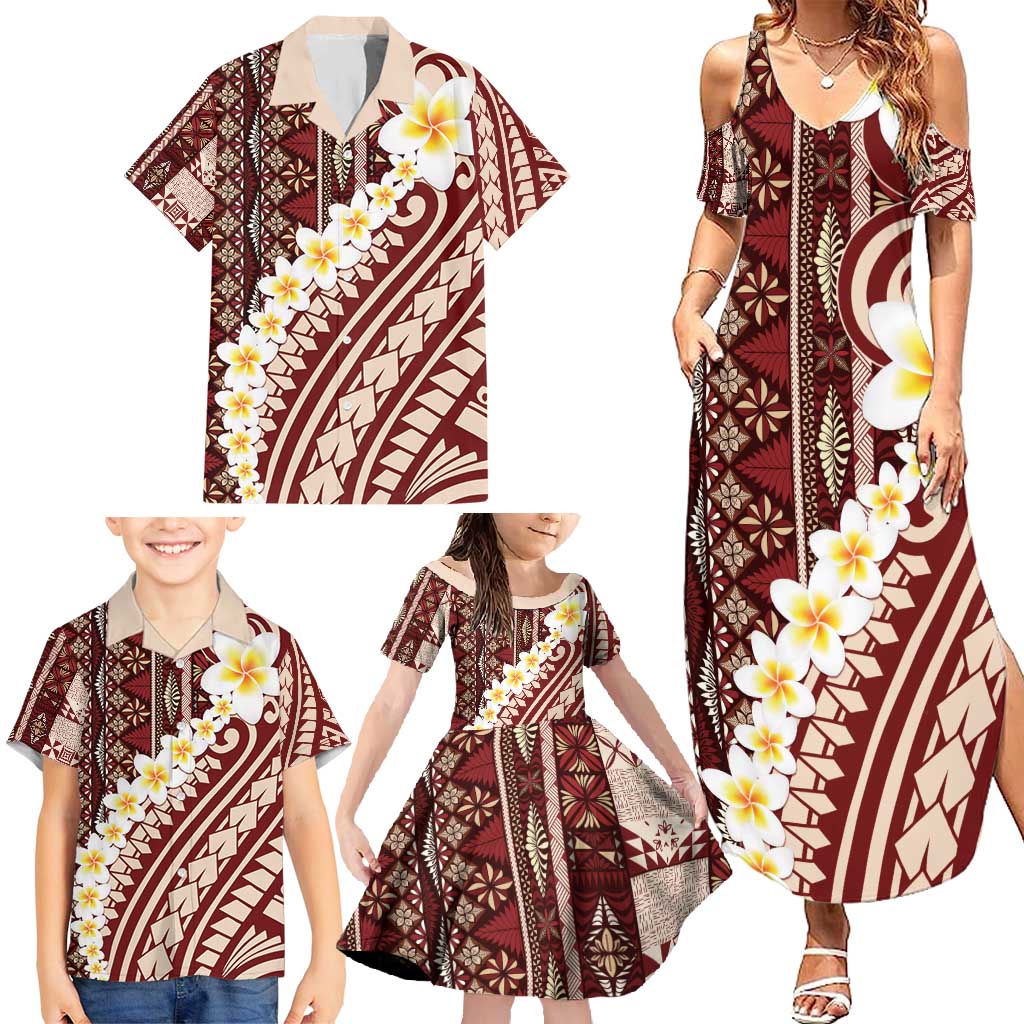 Red Vintage Tonga Ngatu Pattern With Plumeria Family Matching Summer Maxi Dress and Hawaiian Shirt LT05 - Polynesian Pride