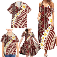 Red Vintage Tonga Ngatu Pattern With Plumeria Family Matching Summer Maxi Dress and Hawaiian Shirt LT05 - Polynesian Pride