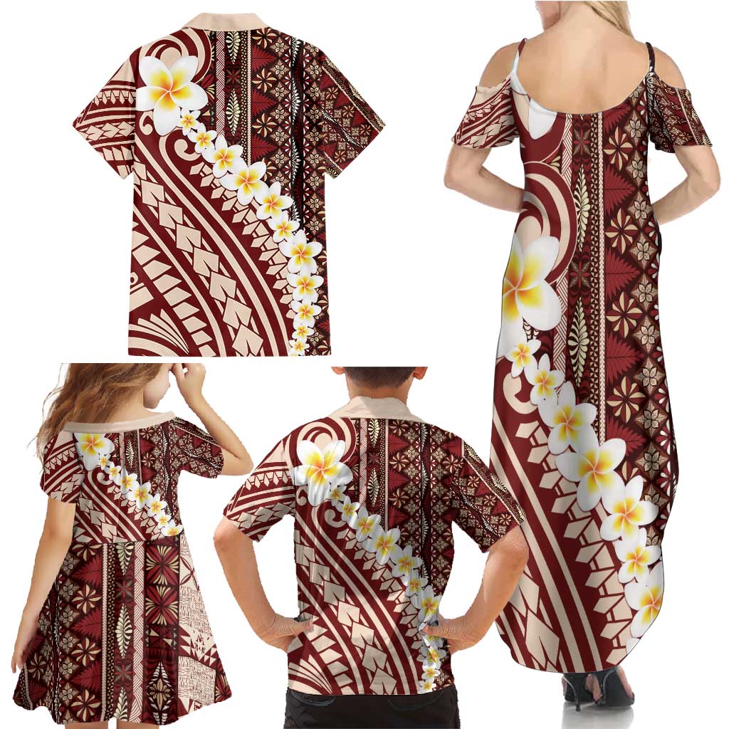 Red Vintage Tonga Ngatu Pattern With Plumeria Family Matching Summer Maxi Dress and Hawaiian Shirt LT05 - Polynesian Pride