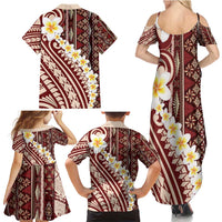 Red Vintage Tonga Ngatu Pattern With Plumeria Family Matching Summer Maxi Dress and Hawaiian Shirt LT05 - Polynesian Pride