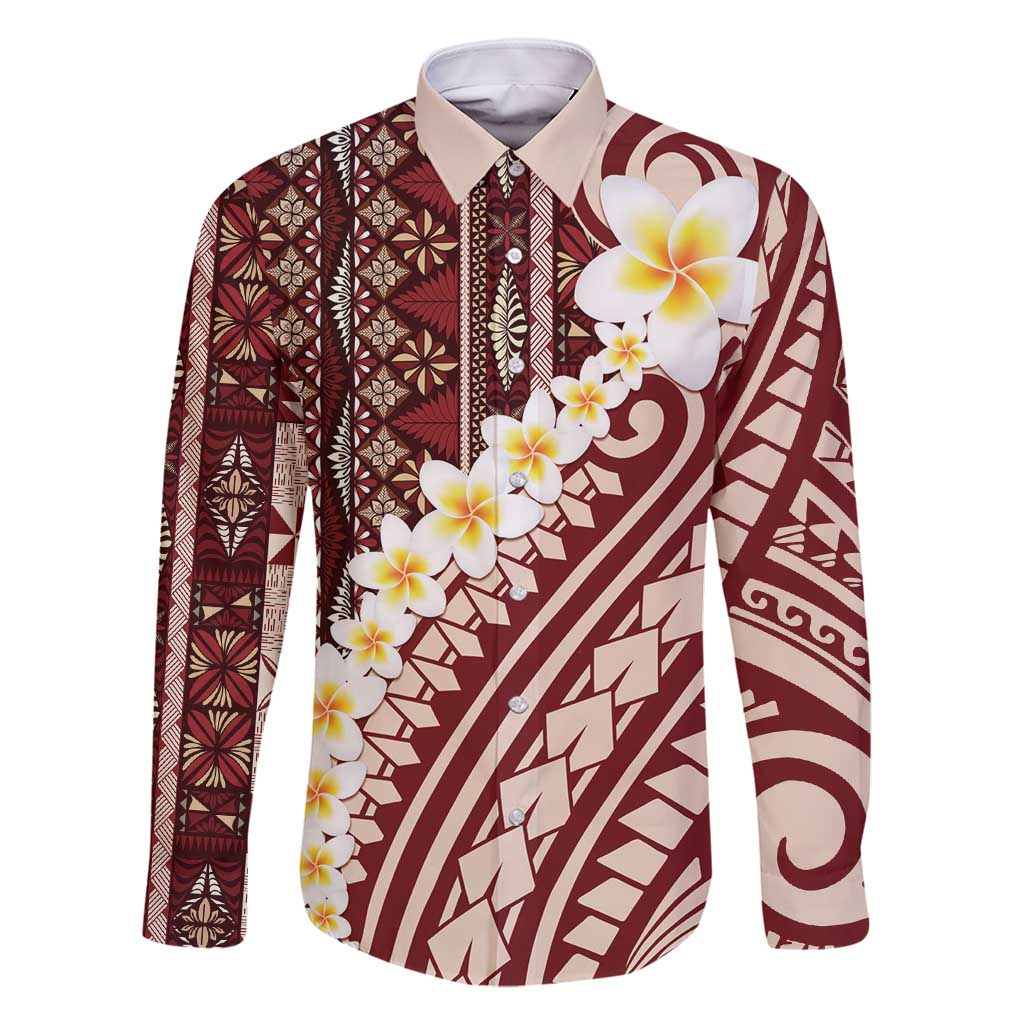 Red Vintage Tonga Ngatu Pattern With Plumeria Family Matching Summer Maxi Dress and Hawaiian Shirt LT05 Dad's Shirt - Long Sleeve Red - Polynesian Pride