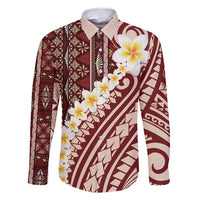Red Vintage Tonga Ngatu Pattern With Plumeria Family Matching Summer Maxi Dress and Hawaiian Shirt LT05 Dad's Shirt - Long Sleeve Red - Polynesian Pride
