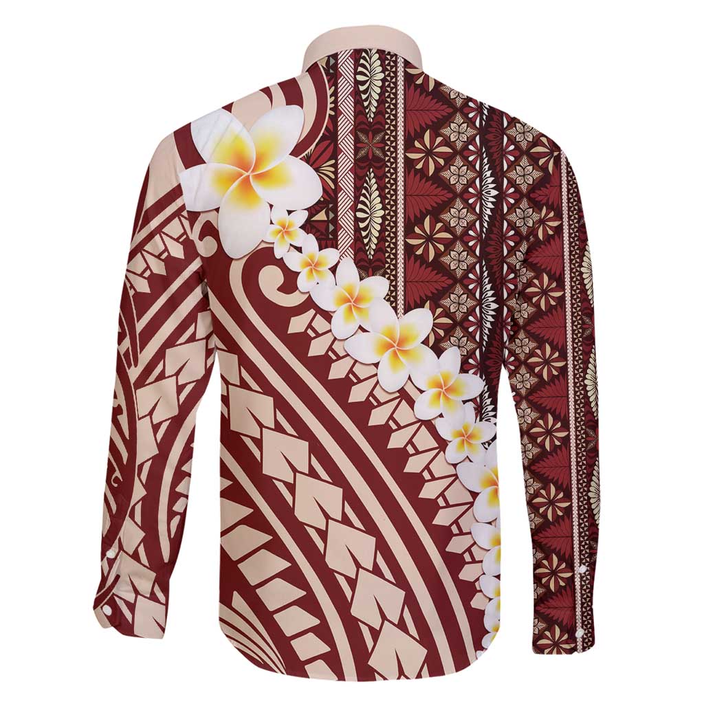 Red Vintage Tonga Ngatu Pattern With Plumeria Family Matching Summer Maxi Dress and Hawaiian Shirt LT05 - Polynesian Pride
