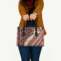 Red Vintage Tonga Ngatu Pattern With Plumeria Leather Bag LT05 - Polynesian Pride