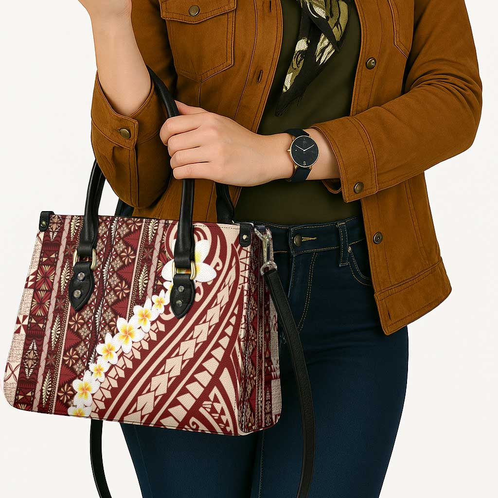 Red Vintage Tonga Ngatu Pattern With Plumeria Leather Bag LT05 - Polynesian Pride