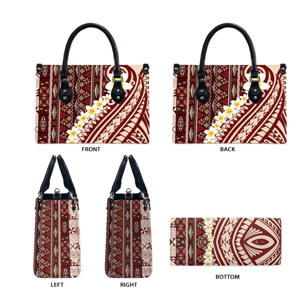 Red Vintage Tonga Ngatu Pattern With Plumeria Leather Bag LT05 - Polynesian Pride