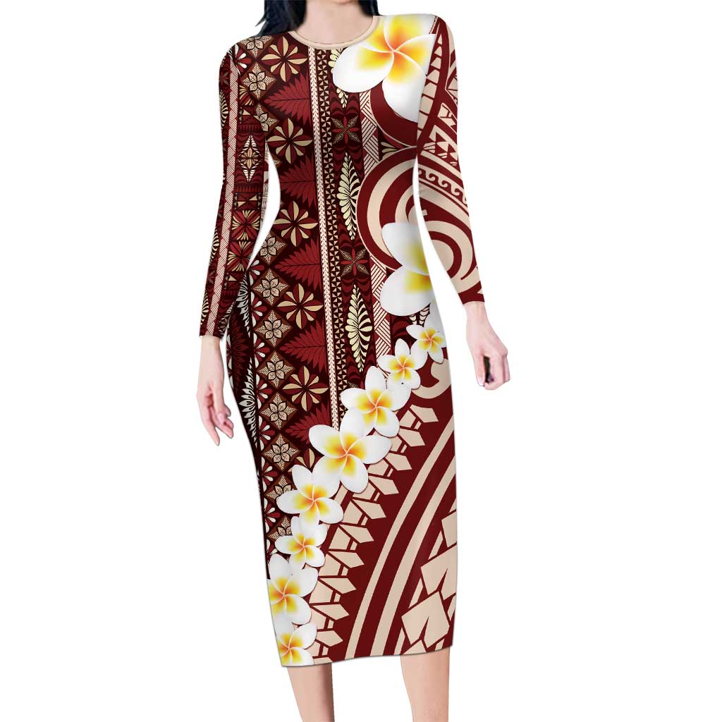 Red Vintage Tonga Ngatu Pattern With Plumeria Long Sleeve Bodycon Dress LT05 Long Dress Red - Polynesian Pride