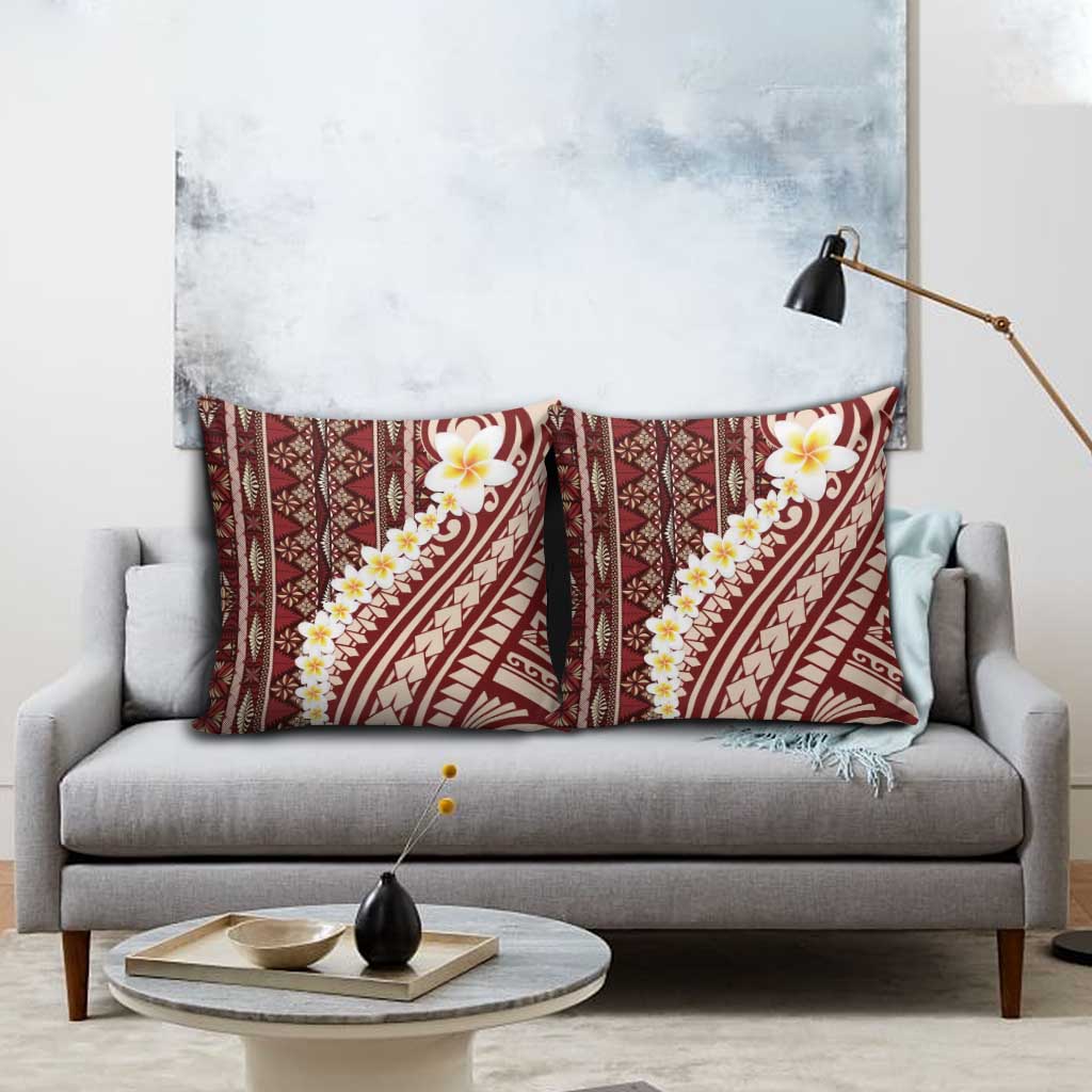 Red Vintage Tonga Ngatu Pattern With Plumeria Pillow Cover - Polynesian Pride